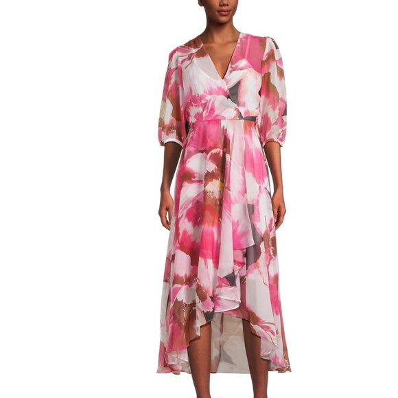 NWT Calvin Klein Chiffon Floral Faux Wrap Dress Size 4 - Picture 1 of 9